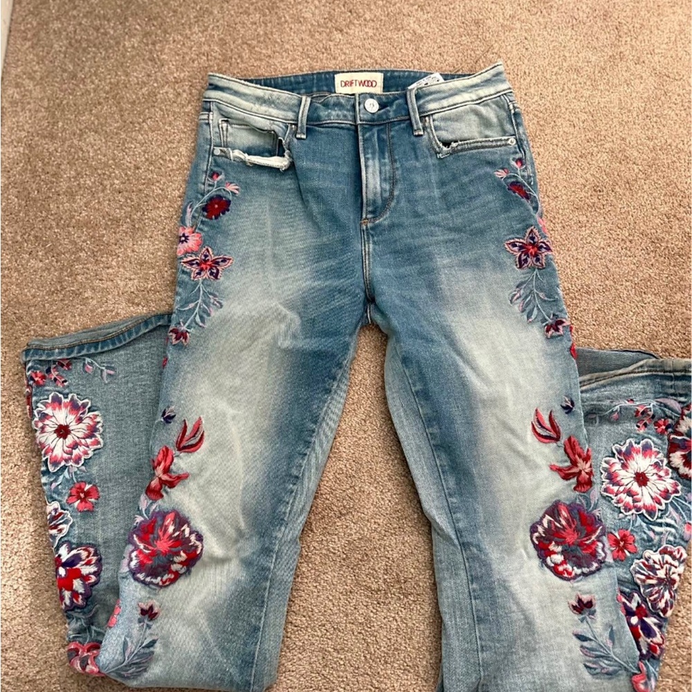 Free People Driftwood Farrah Embroidered Flare Jeans Red Floral Embroidery